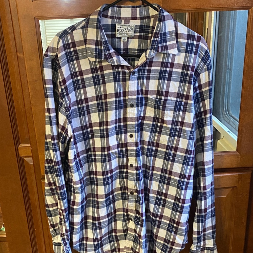 Men’s Lucky Brand XL Blue, Purple and White Plaid Button-Down Shirt Fall